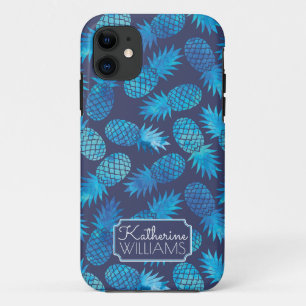 Blue Tie Dye Pineapples   Add Your Name iPhone 11 Case