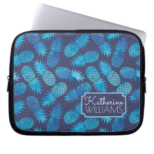 Blue Tie Dye Pineapples   Add Your Name Laptop Sleeve