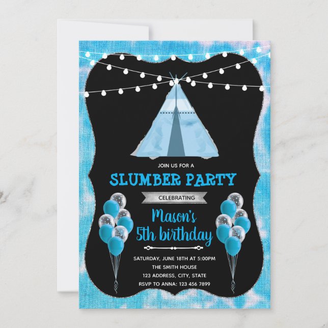 Blue tie dye slumber party invitation (Front)