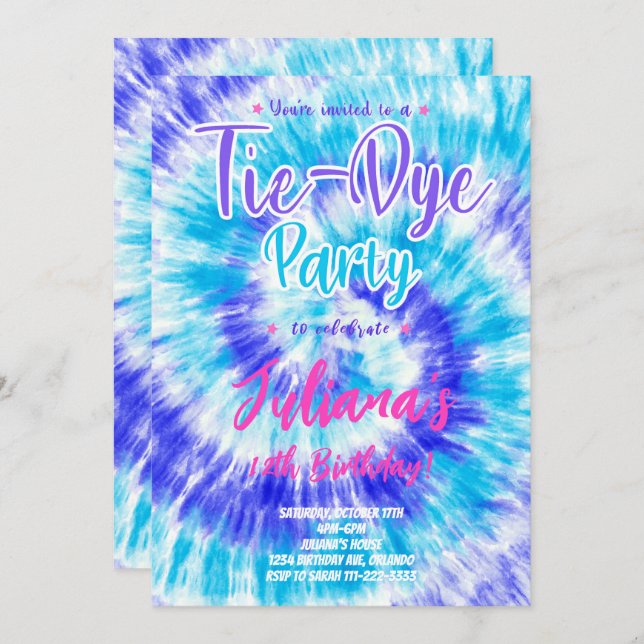 Blue Tiedye Kids Birthday Invitation (Front/Back)