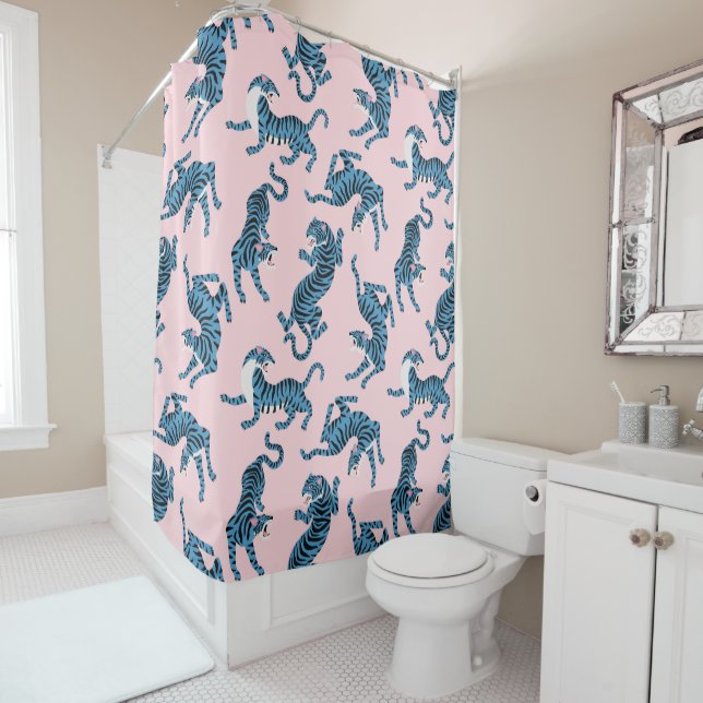 Blue Tiger Asian Pattern Shower Curtain (In Situ)