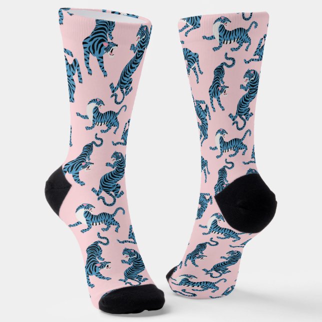 Blue Tiger Asian Pattern Socks (Angled)