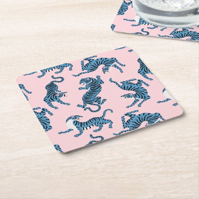 Blue Tiger Asian Pattern Square Paper Coaster (Angled)