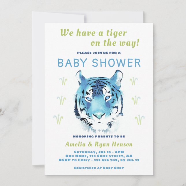 Blue Tiger Baby Watercolor 2022 Baby Shower Invitation (Front)