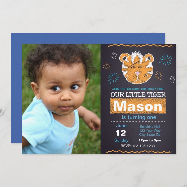 Blue Tiger Birthday Invitation with photo (Front/Back)