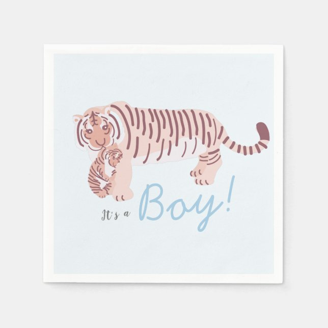 Blue Tiger & Cub Boy Baby Shower Paper Napkins (Front)