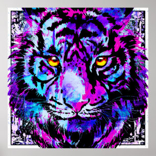 Blue Tiger Poster - Colourful Tiger Head Art Print