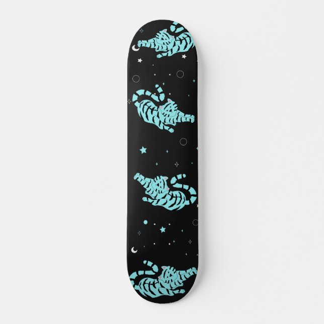 Blue Tigers on Starry Background Skateboard (Front)