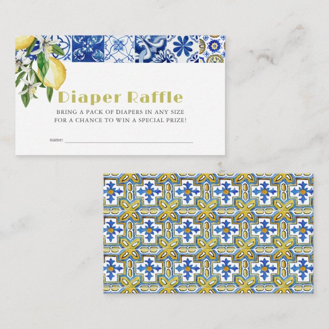 Blue Tile Citrus Lemon Baby Diaper Raffle Ticket Enclosure Card (Front/Back)