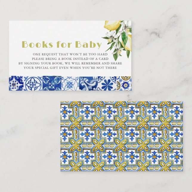 Blue Tile Citrus Lemon Baby Shower Book Request Enclosure Card (Front/Back)