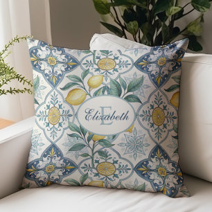 Blue Tile Country Lemon Pattern Monogram Name Cushion