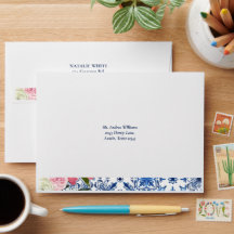 Blue Tile Floral Italian Return Address