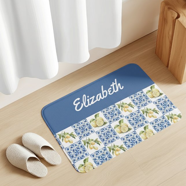 Blue Tile French Country Lemon Custom Name Bath Mat (Creator Uploaded)