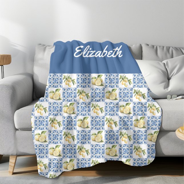 Blue Tile French Country Lemon Custom Name Fleece Blanket (Creator Uploaded)