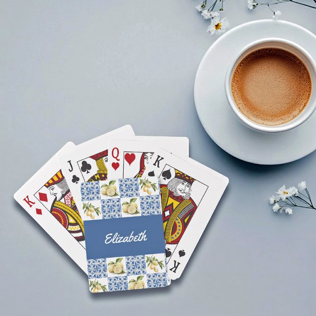 Blue Tile French Country Lemon Custom Name Playing Cards (Creator Uploaded)