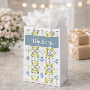 Blue Tile French Country Lemon Name Monogram Small Gift Bag