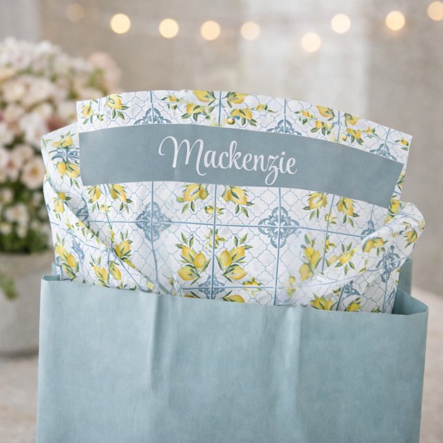 Blue Tile French Country Lemon Name Monogram Tissue Paper (Creator Uploaded)
