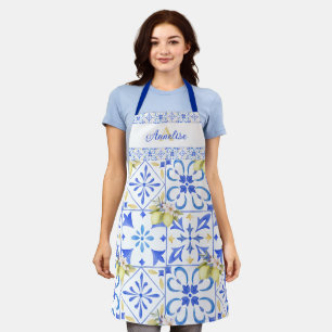 Blue Tile French Country Lemon Pattern Custom Name Apron