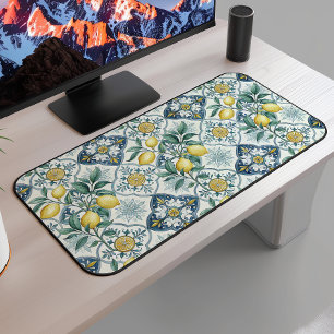 Blue Tile French Country Lemon Pattern Desk Mat
