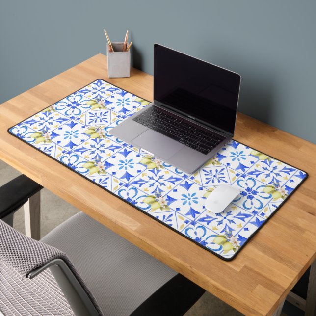 Blue Tile French Country Lemon Pattern Desk Mat (Office 2)