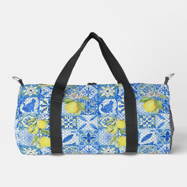 Blue Tile French Country Lemon Pattern Duffle Bag (Front)