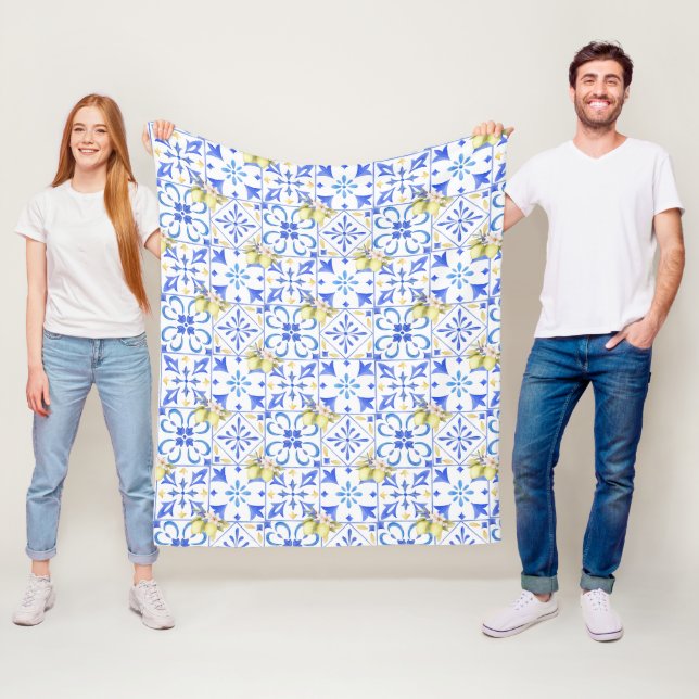 Blue Tile French Country Lemon Pattern Fleece Blanket (In Situ)