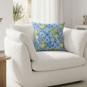 Blue Tile French Country Lemon Pattern Home Decor Cushion