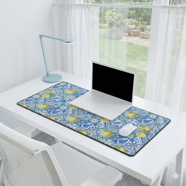 Blue Tile French Country Lemon Pattern Home Decor Desk Mat (Creator Uploaded)
