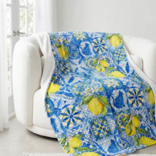 Blue Tile French Country Lemon Pattern Home Decor Fleece Blanket