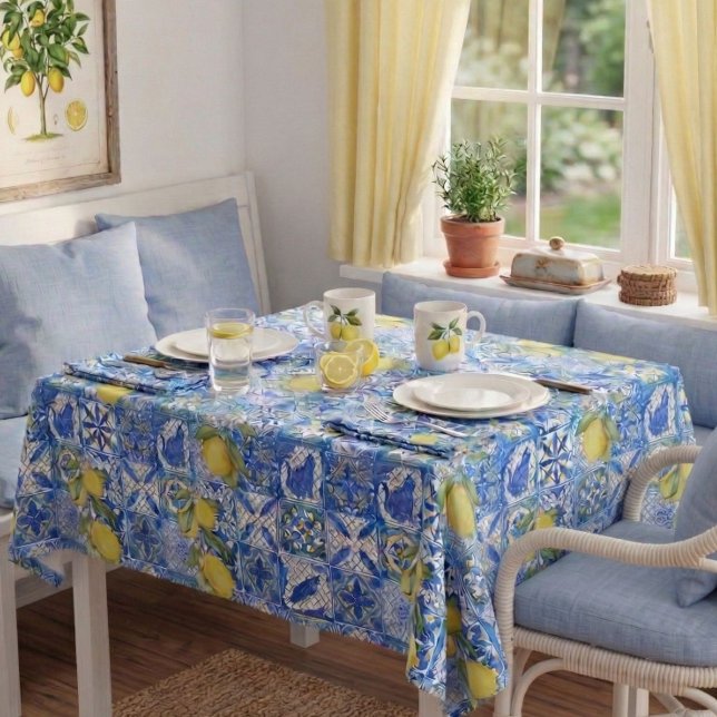 Blue Tile French Country Lemon Pattern Home Decor Tablecloth (Creator Uploaded)