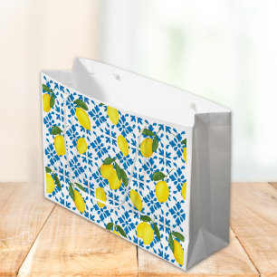 Blue Tile French Country Lemon Pattern  Large Gift Bag