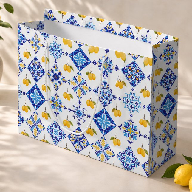 Blue Tile French Country Lemon Pattern Large Gift Bag (Creator Uploaded)