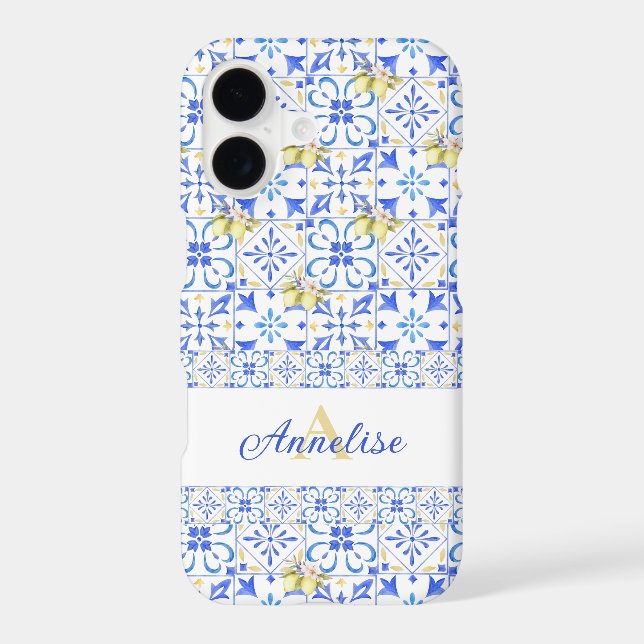 Blue Tile French Country Lemon Pattern Monogram  (Back)