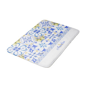 Blue Tile French Country Lemon Pattern Monogram  Bath Mat