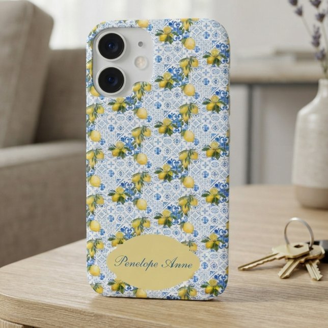 Blue Tile French Country Lemon Pattern Monogram Case-Mate iPhone Case (Creator Uploaded)