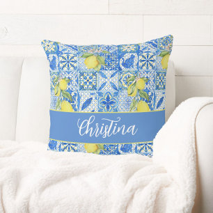 Blue Tile French Country Lemon Pattern Monogram Cushion