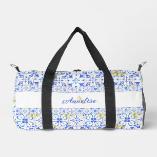 Blue Tile French Country Lemon Pattern Monogram Duffle Bag