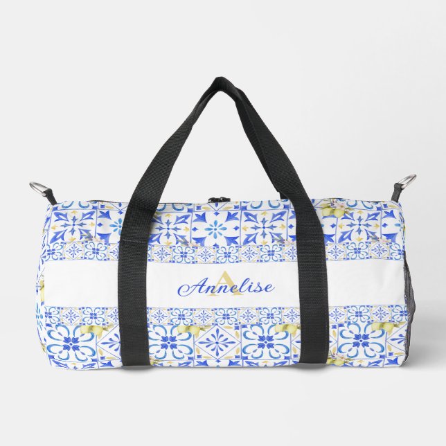Blue Tile French Country Lemon Pattern Monogram  Duffle Bag (Front)