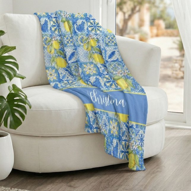 Blue Tile French Country Lemon Pattern Monogram Fleece Blanket (Creator Uploaded)