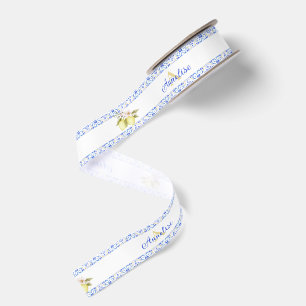 Blue Tile French Country Lemon Pattern Monogram Grosgrain Ribbon