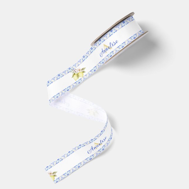 Blue Tile French Country Lemon Pattern Monogram Grosgrain Ribbon (Front+Back)