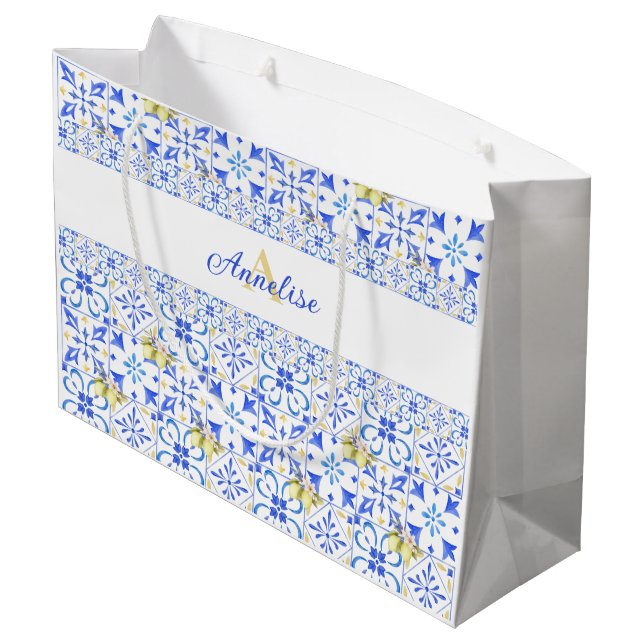 Blue Tile French Country Lemon Pattern Monogram Large Gift Bag (Back Angled)