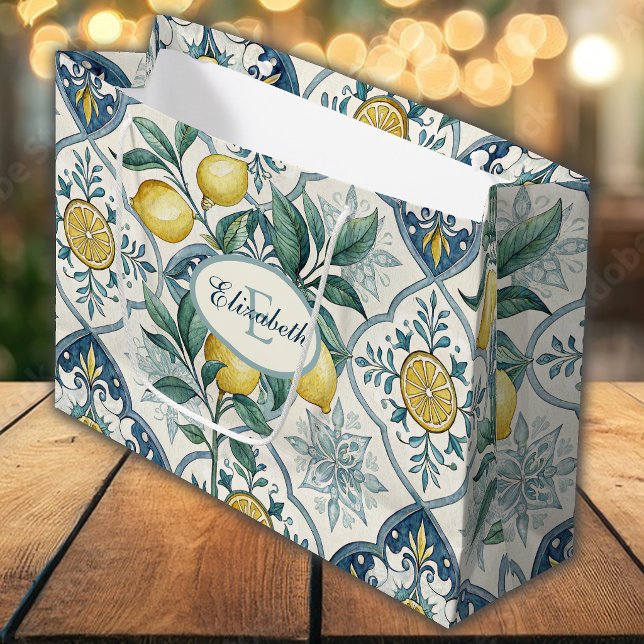 Blue Tile French Country Lemon Pattern Monogram Large Gift Bag (Creator Uploaded)