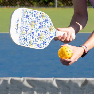 Blue Tile French Country Lemon Pattern Monogram Pickleball Paddle