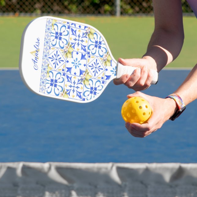 Blue Tile French Country Lemon Pattern Monogram Pickleball Paddle (Insitu)
