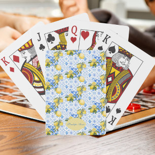 Blue Tile French Country Lemon Pattern Monogram Playing Cards