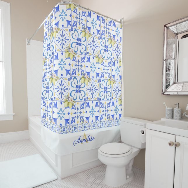 Blue Tile French Country Lemon Pattern Monogram Shower Curtain (In Situ)