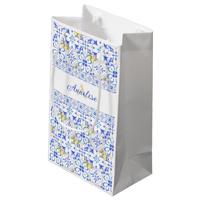 Blue Tile French Country Lemon Pattern Monogram Small Gift Bag (Back Angled)