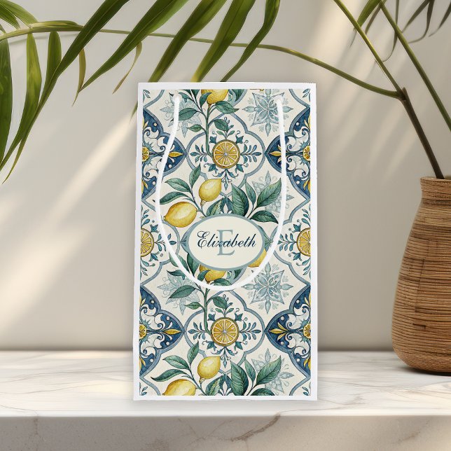 Blue Tile French Country Lemon Pattern Monogram Small Gift Bag (Creator Uploaded)