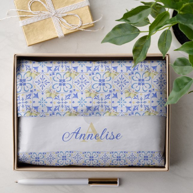 Blue Tile French Country Lemon Pattern Monogram Tissue Paper (Gift)